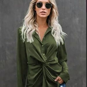 Green button down twist blouse size L